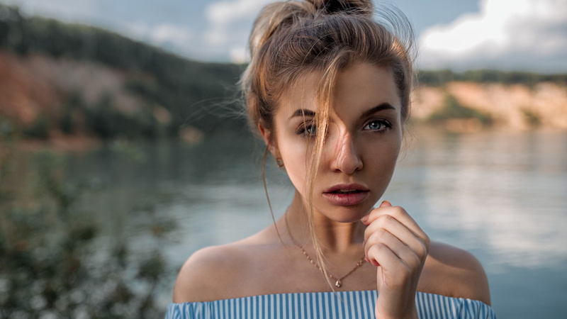 face, bare shoulders, portrait, bokeh, Victoria Andreevna, women outdoors, blue eyes, 2K, hairbun, women, hair in face, Alexey Slesarev