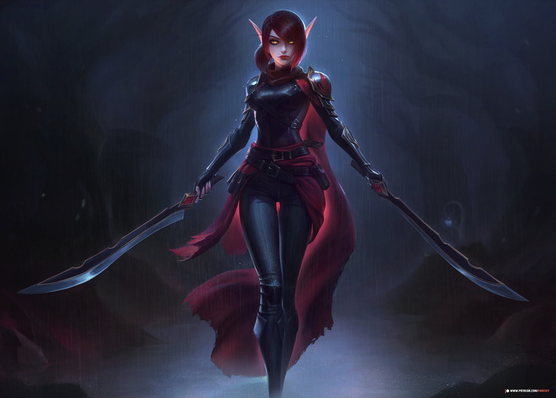 redhead, cape, black clothing, weapon, rain, drawing, yellow eyes, women, elves, dark, 1080P, Fanfoxy, sword, leather