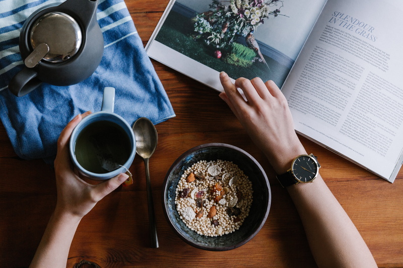 ceramic, tea, human body part, high angle view, publication, oats, drink, directly above, coffee, human Hand, healthy Lifestyle, mug, white, meal, black