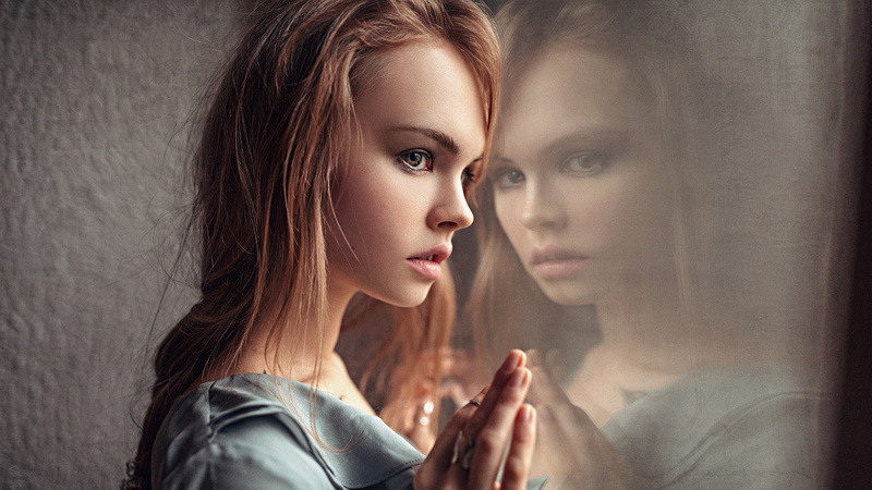 Beautiful, Anastasia Shcheglova, Glass, Reflection, Studio, Portrait, 1080P, Girl