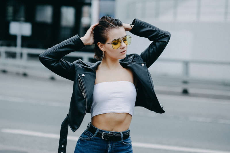 jeans, closed eyes, leather jackets, belt, tank top, 2K, women outdoors, short hair, women, hands on head, portrait, Victoria Sokolova, women with glasses