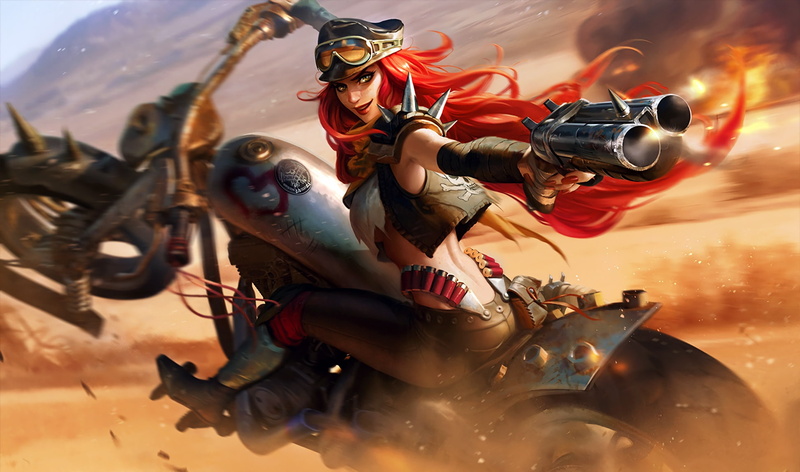 Miss Fortune, tank top, redhead, fantasy, game, gun, digital art, League of Legends, cartridge belt, 1080P, fantasy art, leather jacket, girl, studs, motorcycle