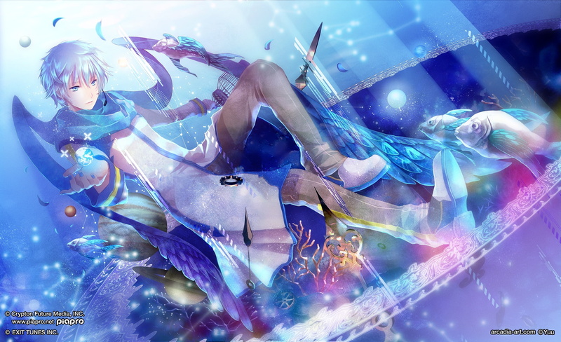 scarf, male, 1080P, kaito, konachan, short, artifacts, petals, jpeg, radu, aqua, 236285, all, hair, watermark, eyes, fish, animal, com, vocaloid, microphone