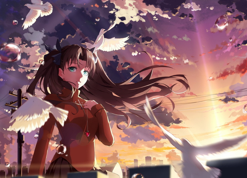 sky, black, sunset, bird, night, bubbles, fate, necklace, artifacts, tohsaka, skirt, clouds, ribbons, aqua, hair, 1080P, cloud, stay, long, eyes, animal