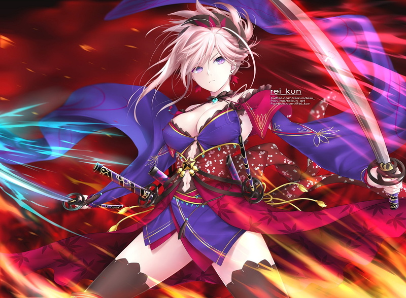 clothes, hair, 720P, sword, fate, kun, 255304, (series), grand, order, eyes, pink, jpeg, katana, purple, artifacts, japanese, com, rei, navel, weapon