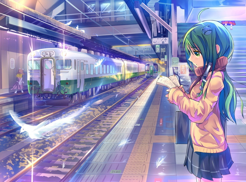 train, eyes, contemporary, stations, birds, ahoge, long, 720P, kochiya, anime, tubes, girls, touhou, alternate, hair, sanae, costume, green
