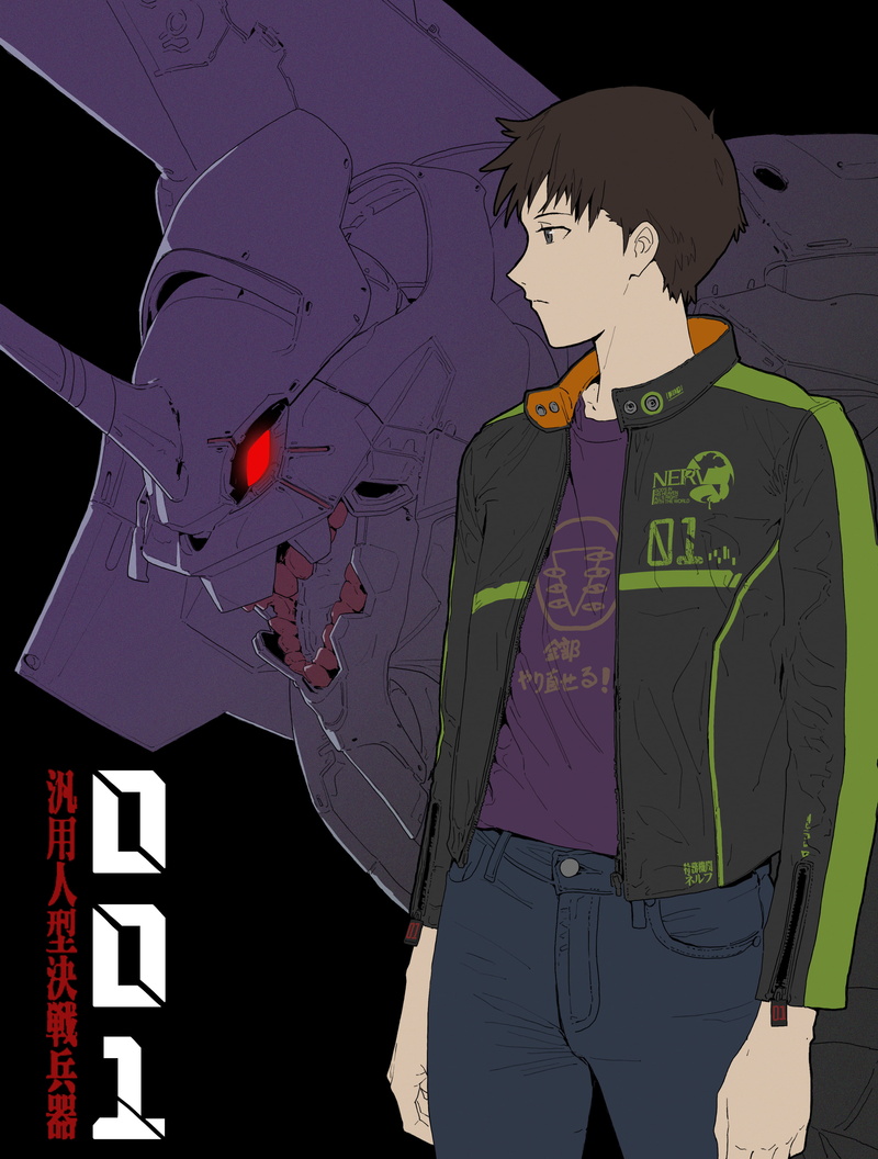 Ikari Shinji, looking away, anime, black hair, EVA Unit 01, black eyes, mech, Ching Yeh, anime boys, 2D, simple background, Neon Genesis Evangelion, 4K