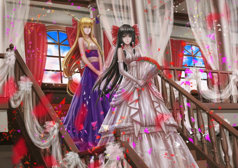indoors, stairways, hair, alternative, costume, ibuki, blondes, long, bare, top, flowers, reimu, gloves, touhou, 720P, strapless, hakurei, black, suika