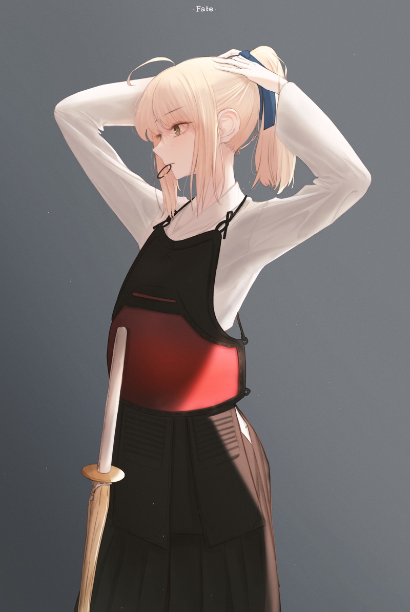 hair ribbon, fan art, ahoge, shinai, ponytail, 2D, vertical, anime, white t-shirt, green eyes, women with swords, blushing, kendo, Fate Series, standing