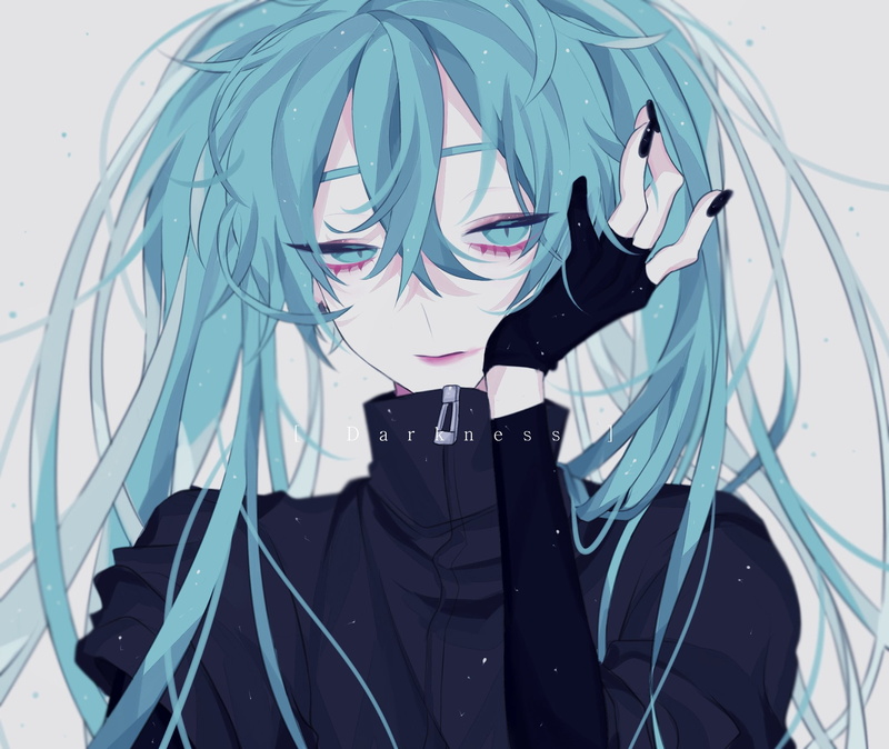 looking at viewer, aqua eyes, pale, turtlenecks, twintails, long sleeves, messy hair, simple background, hand on face, black gloves, 1080P, hair in face