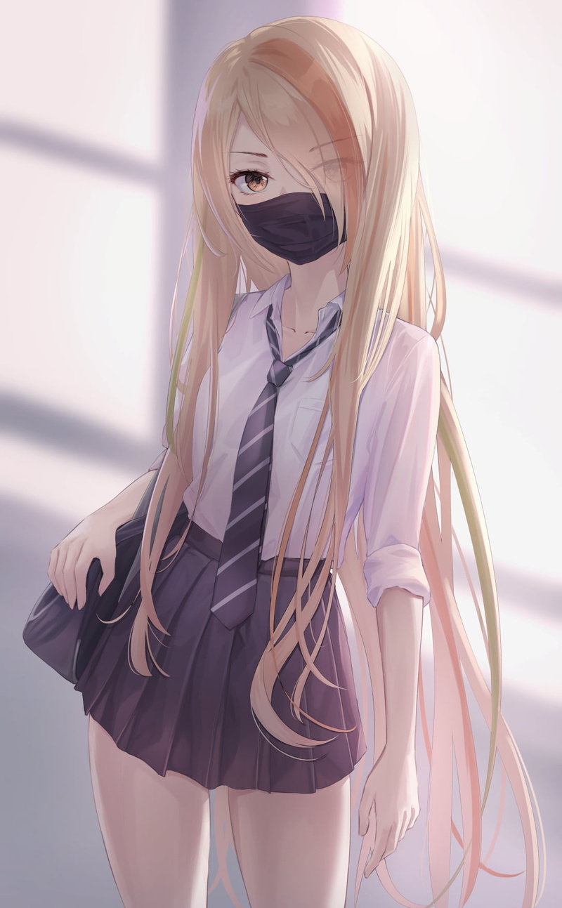 multi-colored hair, anime, bag, white t-shirt, hair in face, standing, JK, solo, school uniform, necktie, orange eyes, looking at viewer, thighs, Zombie 2 / Saki Nikaidou
