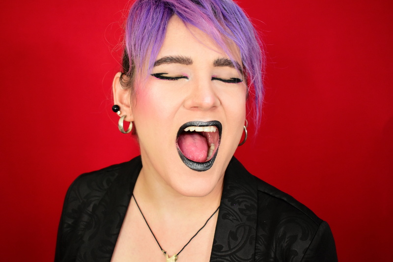 hair, rocker, colored background, young adult, cry, make-up, model, red, makeup, fashion model, style, black, human face, human body part, subculture, adult
