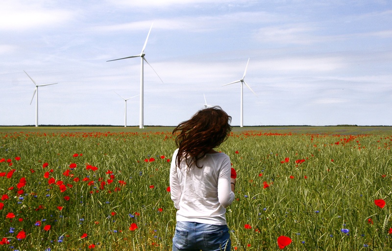 power Supply, 2K, wind turbines, windmills, plant, wind Power, environmental conservation, wind Turbine, turbine, girl in a field, outdoors, daytime, nature
