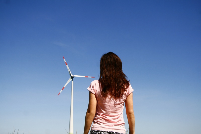 hairstyle, windmill, environment, wind, 2K, wind turbine, turbine, spinv, rear view, wind power, girl, one person, human arm, nature, environmental conservation
