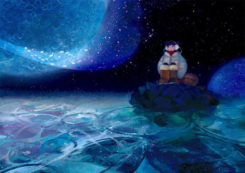eyes, winter, 720P, girl, smile, hair, anime, odango, purple, original, short, earmuffs, stars, water, boots, scarf, moon, night, jacket