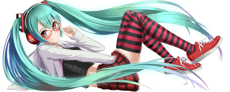 hair, blush, white, takebi, 4K, thighhighs, long, hatsune, miku, skirt, headphones, vocaloid, twintails, glasses, project, diva, eyes, red