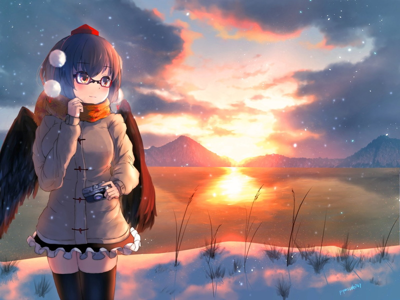 ryouiki, anime, blush-camera-clouds-glasses-hat-pyonsuke0141-scarf, 720P, girl, aya-signed-skirt-sky-thighhighs-touhou-wings-zetta