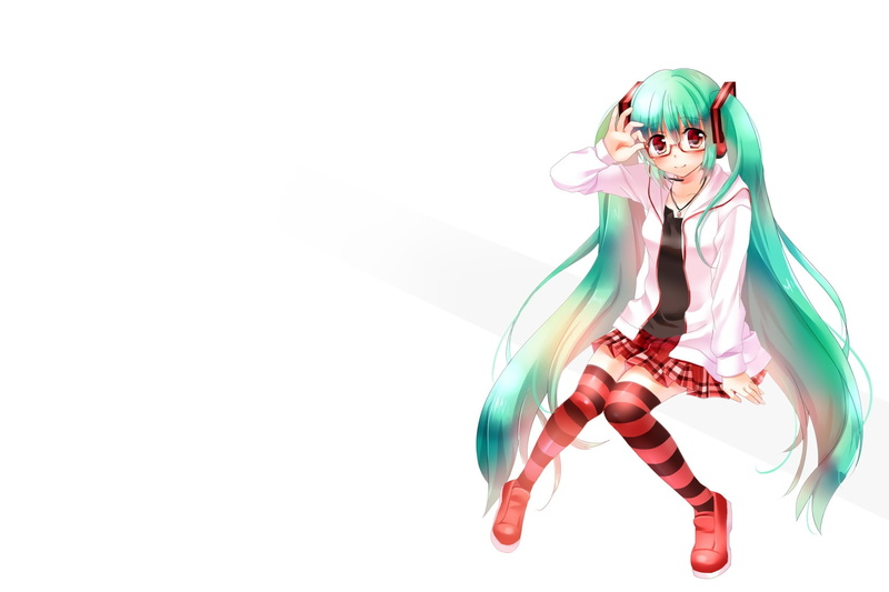 hatsune, 720P, long, eyes, glasses, miku, green, red, muraten, hair, vocaloid, thighhighs, blush, twintails