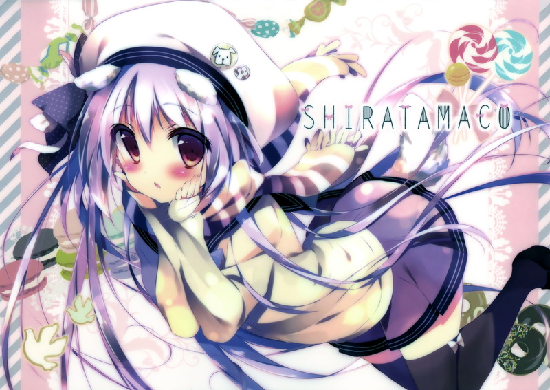 seifuku, 2K, scan, candy, thighhighs, hat, shiratama, hair, blush, long, purple, original, scarf