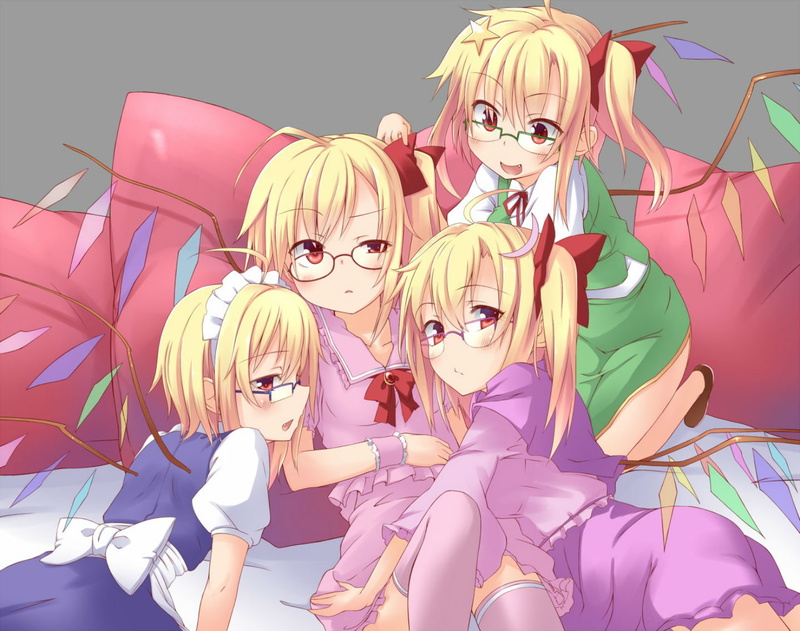 blush, dress, hair, maid, 720P, scarlet, thighhighs, bed, touhou, tarou, glasses, short, eyes, blonde, spirytus, flandre, red