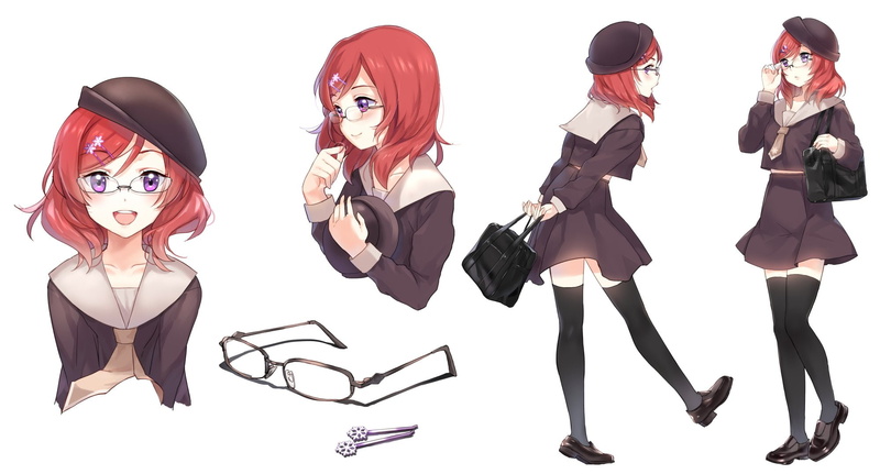 blush, project, thighhighs, sheska, hat, live!, nishikino, seifuku, eyes, idol, short, glasses, white, 1080P, maki, love, school, purple, xue, hair, red