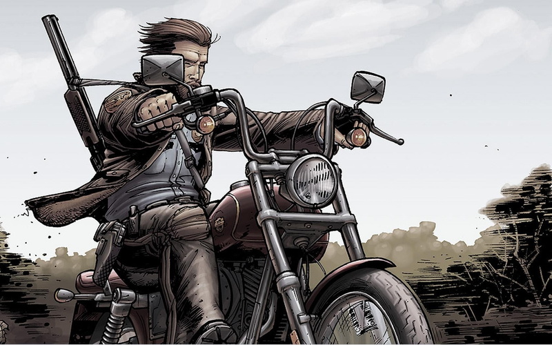 outdoors, male likeness, 720P, statue, low angle view, motorcycle, representation, no people, nature, man, city, travel, The Walking Dead, creativity