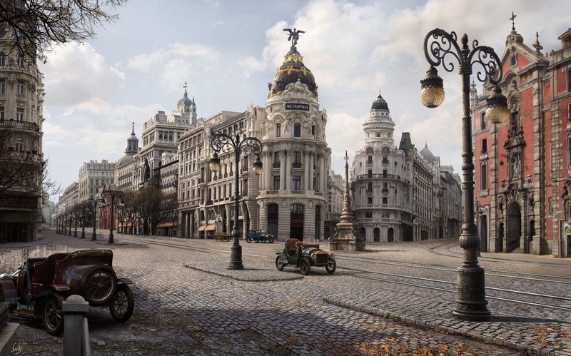 autumn, street, 1080P, Gran via 1900, art, Jordi Gonzalez Escamilla, the city
