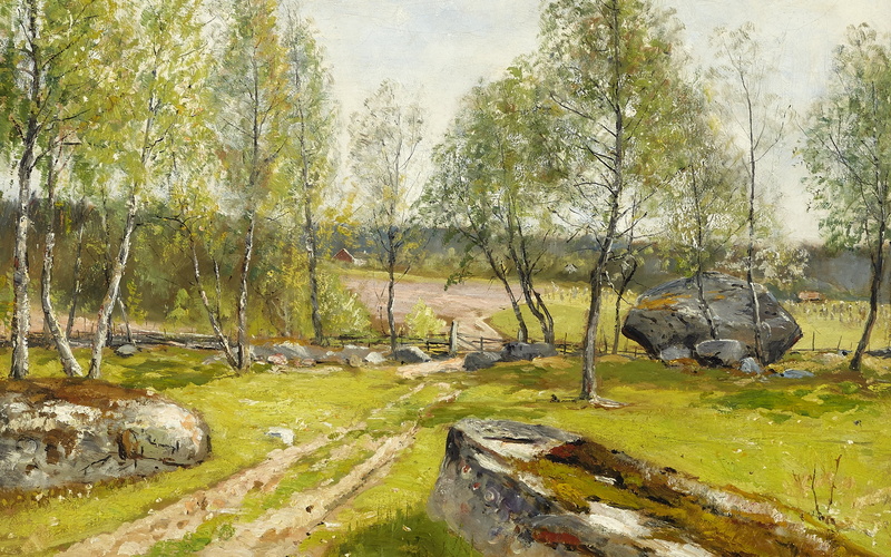 Birches at the yard, 1900, Swedish painter, 2K, Birch trees at the fence, Olof Hermelin, Birches in the yard, Swedish artist