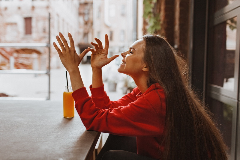 drink, portrait, smiling, looking, profile view, young women, one person, long hair, hands, women indoors, table, drinking straw, adult, food and drink