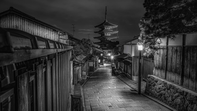 photography, asia, black and white, monochrome, 1080P, house, street, night, town, alley, monochrome photography