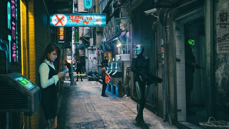 cyberpunk, futuristic, alleyway, gun, 1080P, weapon, neon glow, city, people, phone