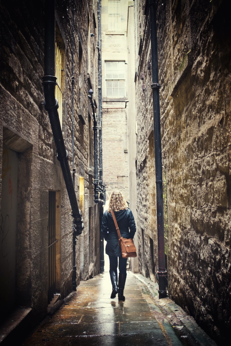 woman, narrow, direction, full length, one person, the way forward, blonde, 4K, alleyway, walking, men, footpath, high walls, real people, alley, built structure