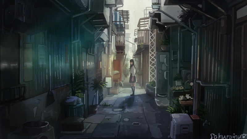 alleyway, 2D, drawing, artwork, digital art, 4K, illustration, schoolgirl, sailor uniform, original characters, architecture, anime girls, anime, urban