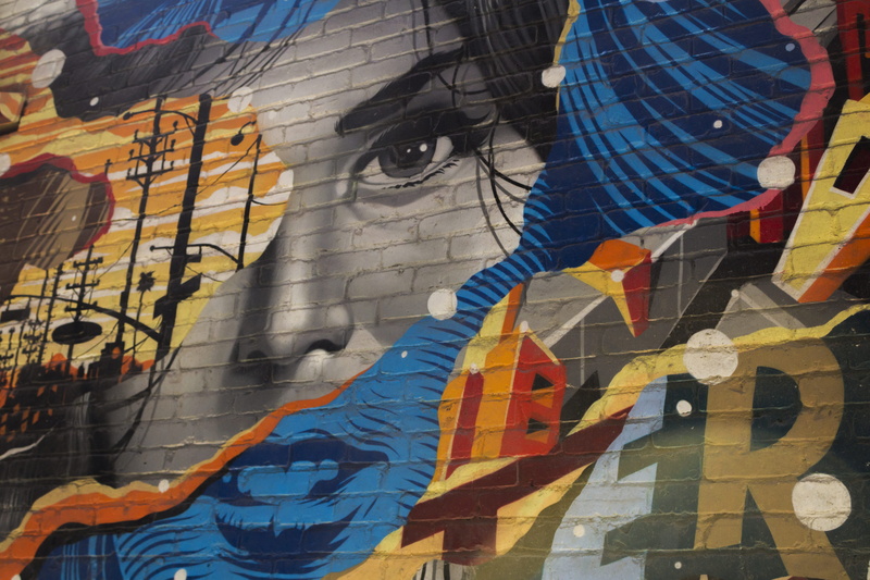 architecture, bricks, artist, paint, multi colored, alleyway, canvas, mural, colorful, collage, streetart, street art, graffiti, artistic, spraypaint, female