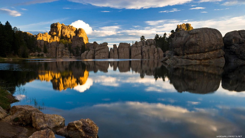 reflecrion, rocks, damn, 3d and abstract, lake, boulders, 1080P