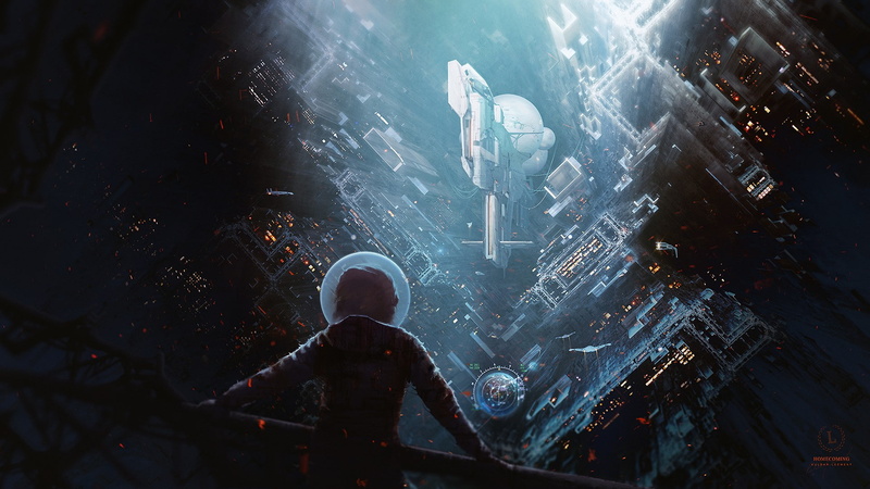 spaceship, artwork, space, science fiction, astronaut, futuristic city, futuristic, Kuldar Leement, 1080P