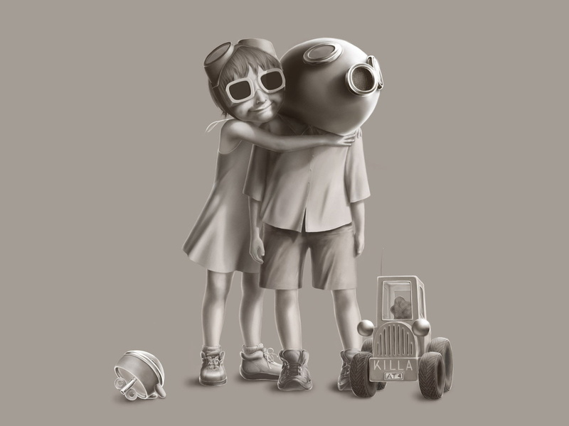 binoculars, childhood, studio Shot, dress, sleeveless, retro styled, caucasian Ethnicity, concepts, toys, figurine, still life, killa, male likeness, hugs