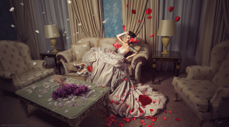 bed, gray, bedroom, girl, flower, gown, human representation, Max Twain, relaxation, petals, mammal, pillow, domestic animals, dress, toy, indoors, home interior