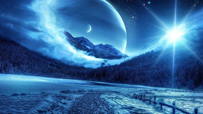 forest, night, snow, landscape, starry night, pine trees, Moon, planet, stars, photo manipulation, path, mist, 1080P, fence, nature
