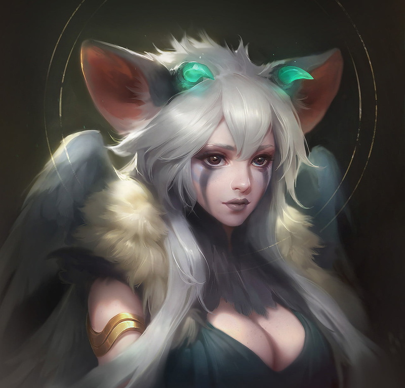 silver hair, cleavage, Lasso, feathers, drawing, long hair, women, face paint, armlet, 720P, glowing, horns, looking away, animal ears, gold