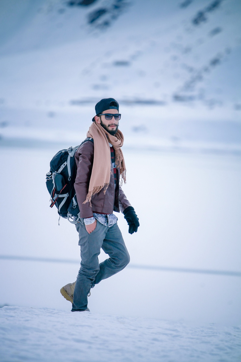 clothing, full length, color, cap, pose, warm clothing, one person, adult, black, portrait, focus on foreground, white, attractive, leisure activity, backpack