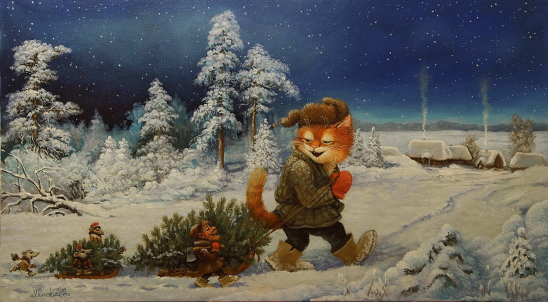 Tales of the cat Kuzma, tree, 1080P, tale, art, cat, New year, childrens, holiday, friends, Alexander Maskaev, winter, figure