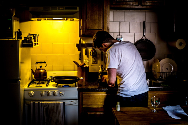 night, shirt, interior, beside, preparing food, adult, house, domestic kitchen, food and drink, photography, kitchen, front, steak, cook, preparation, man