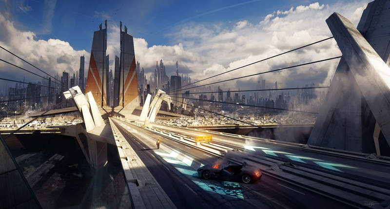 skyscrapers, cables, grivetart, 1080P, the city, bridge, art, people, fire, machine