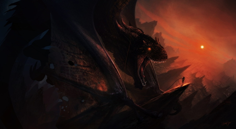 1080P, grivetart, art, dragon, digital, girl, black, lizard, horns, rocks, sea, sunset, rope