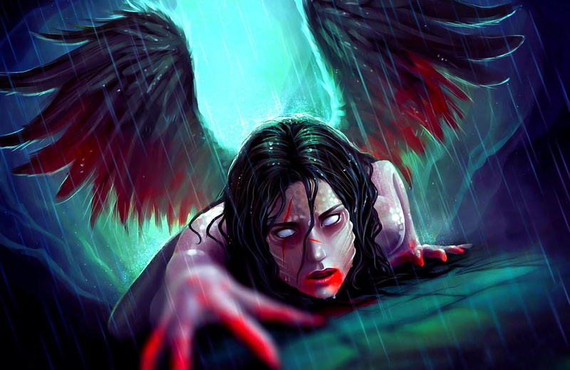 rain, 3d and abstract, fantasy, angel, blood, broken, 1080P, wings, escaped