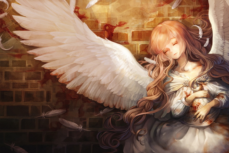 white, angel, 1080P, original characters, fantasy art, rain, blood
