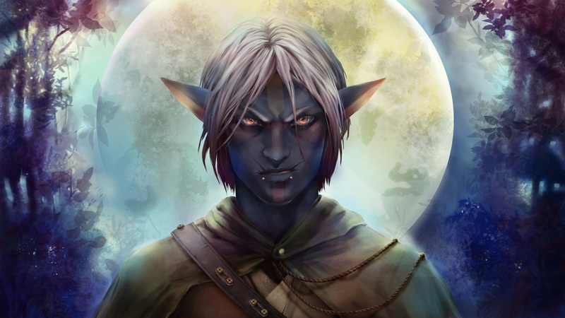 1080P, Scar, Pointed Ears, Night, Moon, Elf, Orange Eyes, White Hair, Fantasy