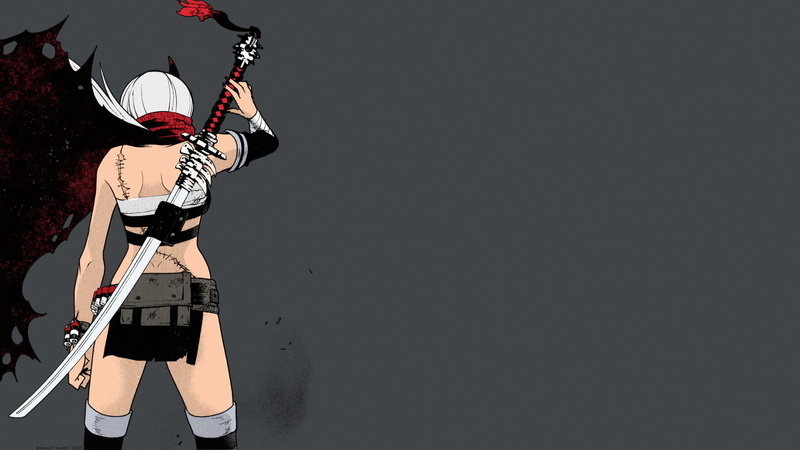 1080P, horns, Tetta Enji, white hair, sword, manga, Haime to Zoukihime, anime girls, miniskirt, scars, anime, katana