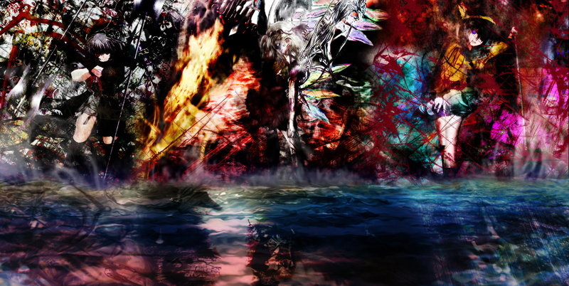 nue, black, hair, scar, eyes, short, hat, weapon, komeiji, green, purple, touhou, white, spear, blood, wings, houjuu, skirt, 4K, gudabouzu, water, koishi